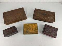 4 Carved wood boxes, laminated box