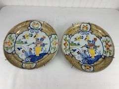 Pair antique hand painted decorative wall plates (one previously repaired)