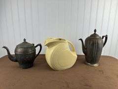 Vintage Pitcher & Teapot Lot – Fiesta Style Disc Pitcher with Two silver plate Teapots