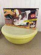 Misc books, vintage and new apple corer, tubberware bowl