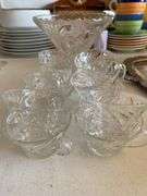 Clear pressed glass pedestal fruit bowl, cups, trophy bowl