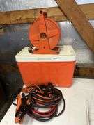 Jumper cables, extension cord on reel, cooler
