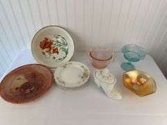 Misc china, pink blue milk and carnival glass