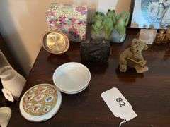 Clock, figurines, Boyd's Bear, covered jar, misc