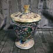 Fenton Carnival Glass Basket and Pedastal Jar w/ Lid, Vintage Green Glass Biscuit Jar in Attached Chrome Leaves