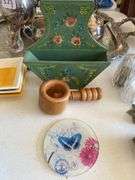 Salt and pepper shakers, tole painted pieces, miniature plates, ashtray