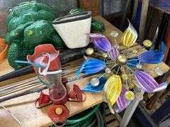 Concrete turtles, angel, yard decor, hummingbird feeder, hot dogs roasting sticks