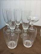 Crystal glasses and bowl, pressed glass round divided plate