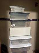 Large lot of storage boxes and shelves