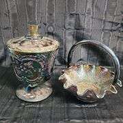 Fenton Carnival Glass Basket and Pedastal Jar w/ Lid, Vintage Green Glass Biscuit Jar in Attached Chrome Leaves