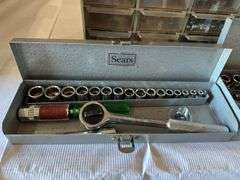 Hardware drawer organizer, 2 sears ratchet/socket sets, wood hand saw, level