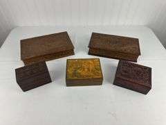 4 Carved wood boxes, laminated box
