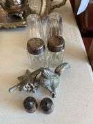Salt and pepper shakers, tole painted pieces, miniature plates, ashtray