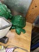 Concrete turtles, angel, yard decor, hummingbird feeder, hot dogs roasting sticks