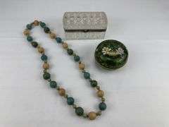 Crystal covered vanity dish, painted round porcelain dish, wood bead necklace