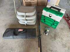 2 boat seats, fishing rods and tackle box