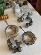 Salt and pepper shakers, tole painted pieces, miniature plates, ashtray
