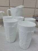 Indiana Colony Milk Glass Harvest Grape Pattern Pitcher and Tumblers