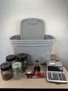 Coin counters, banks, calculator, 2 storage totes with lids