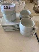6 piece teacup and saucers, chicken plates, leaf dishes