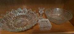 3 glass candleholders, pattern glass dishes, pink Depression glass bowls, covered glass box