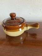 Mini handled bean pots, coffee cups, 6 ceramic hand painted Italy oversized cups and saucers (1 cup chipped ), yellow glass mug