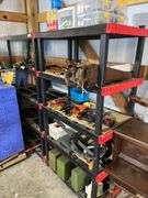 2 plastic storage shelves (excludes contents )