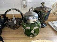 Fenton Carnival Glass Basket and Pedastal Jar w/ Lid, Vintage Green Glass Biscuit Jar in Attached Chrome Leaves