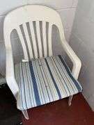 Wicker bench 57” long x 27” wide, plastic chair