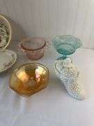 Misc china, pink blue milk and carnival glass