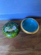 Crystal covered vanity dish, painted round porcelain dish, wood bead necklace