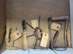 Antique Metal Soldering Iron, Hoof Knife, Wood Awl, Jar Tongs, Leather Working Tools, misc