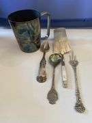 Silver plated candlesticks, sniffers, tobacco container, ashtray, utensils, miscellaneous