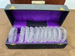 Crystal goblets in case, glass casters in case, 2 crystal bowls