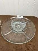 Crystal glasses and bowl, pressed glass round divided plate