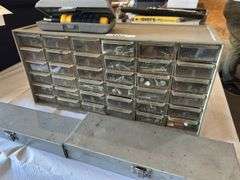 Hardware drawer organizer, 2 sears ratchet/socket sets, wood hand saw, level