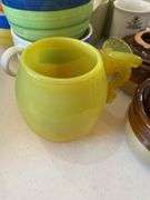 Mini handled bean pots, coffee cups, 6 ceramic hand painted Italy oversized cups and saucers (1 cup chipped ), yellow glass mug