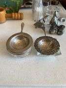 Salt and pepper shakers, tole painted pieces, miniature plates, ashtray