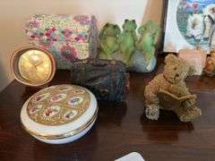 Clock, figurines, Boyd's Bear, covered jar, misc