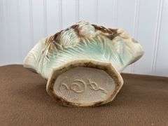 Vintage McCoy Pottery Lot – Leaf Basket Vase & White/purple Scalloped Bowl