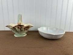 Vintage McCoy Pottery Lot – Leaf Basket Vase & White/purple Scalloped Bowl