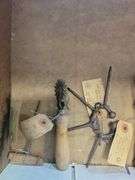 Antique Metal Soldering Iron, Hoof Knife, Wood Awl, Jar Tongs, Leather Working Tools, misc
