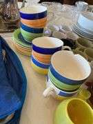 Mini handled bean pots, coffee cups, 6 ceramic hand painted Italy oversized cups and saucers (1 cup chipped ), yellow glass mug