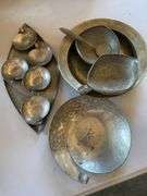 Hammered aluminum and pewter pieces, teapot, tobacco container, pitchers, vase
