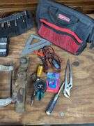 Misc clamps, bit sets, hand tools, labeler, creeper, craftsman tool bag