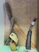 Antique Metal Soldering Iron, Hoof Knife, Wood Awl, Jar Tongs, Leather Working Tools, misc