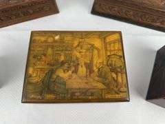 4 Carved wood boxes, laminated box