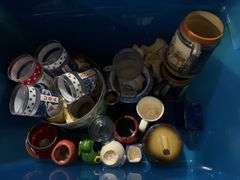 3 tubs of misc: cake stand, stone wave, light bulbs, vases, Tupperware, carafe, 6 crystal glasses, 9 Apolo glasses