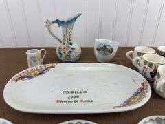 Vintage Souvenir Porcelain Lot – Heraklion Museum Plates, Giubileo 2000 Tray, Mini Pitchers, and Espresso Cups one broken handle