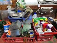 Garden supplies, storage boxes, brush, misc